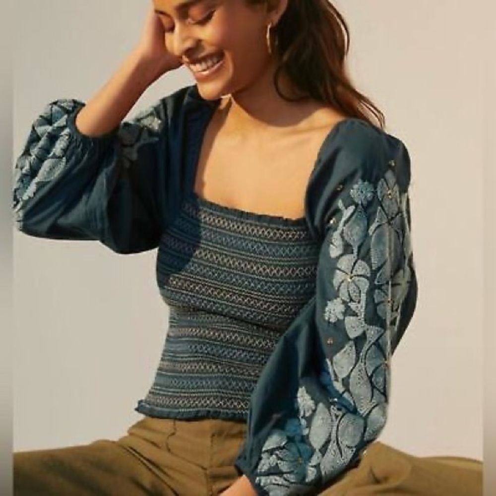 Anthropologie Turquoise Embroidered Puff Sleeve Smocked Square Neck Blouse